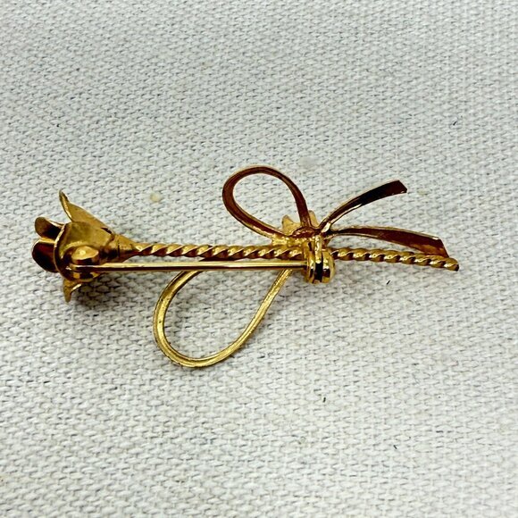 Vintage Rose Flower Brooch Gold-Tone Bow Dainty Minimal Imitation Pearl Retro - Picture 6 of 8